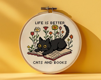 Bookish Cat Cross-Stitch Pattern – Autumn Feline Art (PDF Pattern)