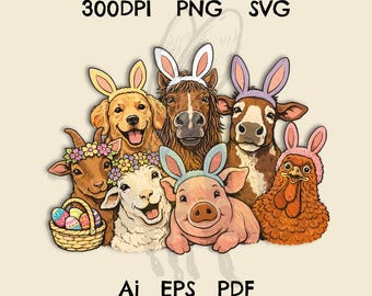 Easter Farm Animals PNG, Spring Barnyard Sublimation Design (Digital Download)