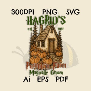Puede incluir: Ilustración de la Granja de Calabazas de Hagrid, con una cabaña con techo de paja, rodeada de calabazas y árboles. El texto incluye "Hagrid's", "Pumpkin Farm" y "Magically Grown."