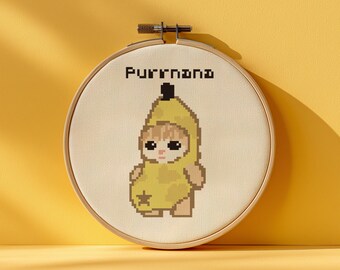 Purrnana Cat Cross Stitch Pattern: Funny Pixel Art (PDF Download)