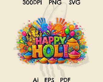 Colorful Happy Holi PNG Design, Indian Festival of Colors Digital Download for Sublimation & Print