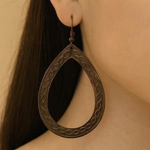 Bronze Dangle Earrings: Teardrop Hoop, Boho Tribal Jewelry