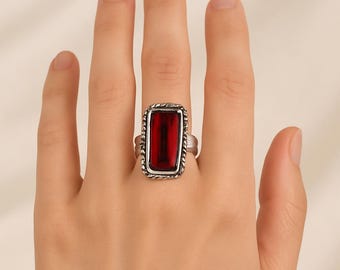 Red Garnet Rectangle Ring • Vintage Sterling Silver Statement Ring