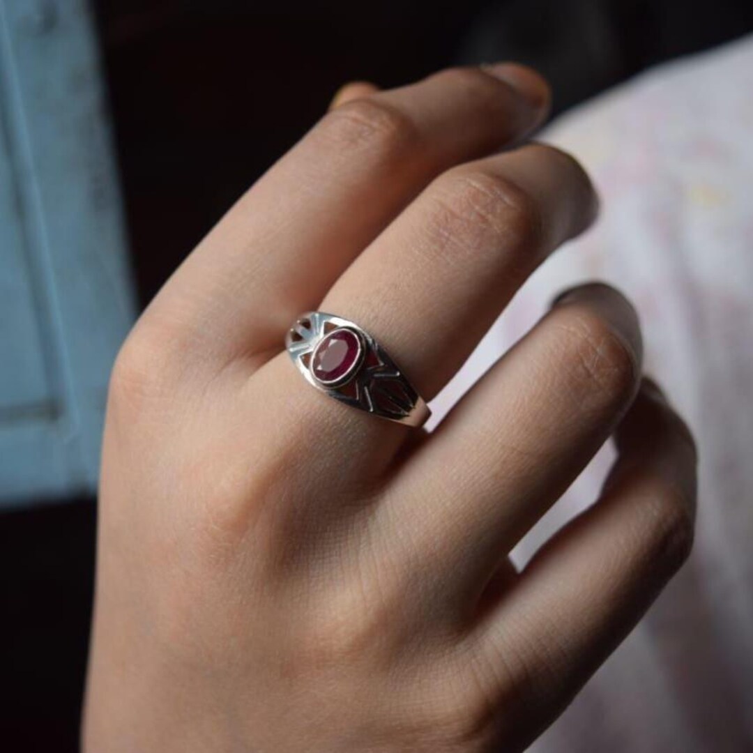 Silver Rube Rings Handmade Sterling Silver Ruby Ring: Unisex Oval Gemstone Statement ...