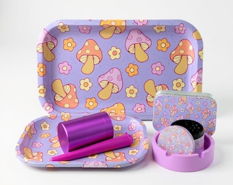 Rolling Tray Set: Grinder, Trays, Stash Jar, Tin Box, Tube, Ashtray | Mushrooms Design (7pcs Kit)