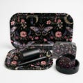 Rolling Tray Set: Grinder, Trays, Stash Jar, Tin Box, Tube, Ashtray | Moon & Moth Whimsical Design (7 pcs Kit)