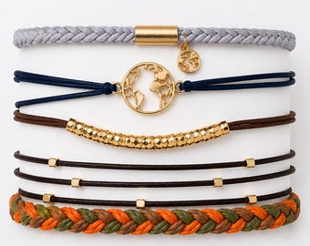 Boho Hair Tie Bracelet Set of 5, Stackable Charm Bracelets, Elastic Hair Ties, World Map Charm, Braided Cord Bracelet, Gift for Her