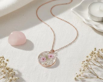 Forget Me Not Necklace: Pressed Flower Rose Gold Pendant