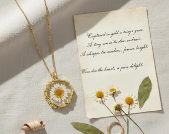 Vintage Style Dried Daisy Resin Necklace: Golden Flower Pendant (free bracelet mystery gift)