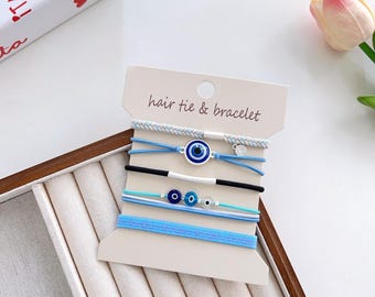 Boho Hair Tie Bracelet Set – Evil Eye Elastic Bands