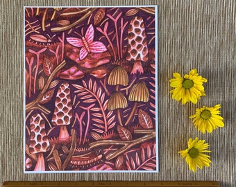 Morels and Butterflies, Mushrooms Print, Forest Art Print, 8 x 10 Art Print