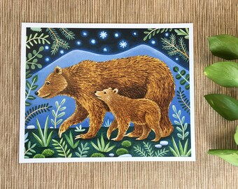 Bears in the Moonlight, Mama Bear and Cub Art Print, Nursery Art, 8 x 10 Art Print