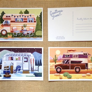 Satz von 6 Vintage Camping Reise Postkarten