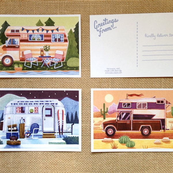 Set of 6 Vintage Camping Travel Postcards