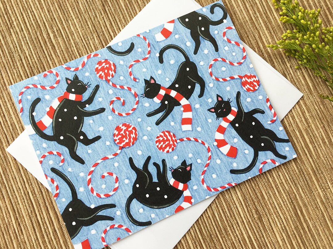 Black Cats Pattern Holiday Cards, Snowy Kitties Christmas Cards, Boxed ...