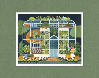 Lámina de invernadero, arte de jardín, invernadero ilustrado, lámina artística de 20 x 25 cm (8" x 10")