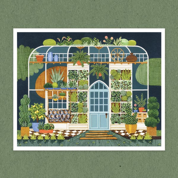 Kasprint, tuinkunst, geïllustreerde kas, kunstprint van 20 x 25 cm.