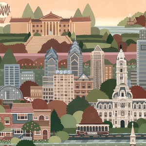 May include: A colorful illustration of the Philadelphia skyline, featuring iconic buildings like the Philadelphia Museum of Art, City Hall, and the PSFS Building. The illustration is set against a sunset sky with a hot air balloon in the upper left corner.