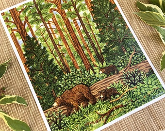 Bears in the Woods, Mama Bear and Cubs Art Print, Nursery Art, 8 x 10 Art Print