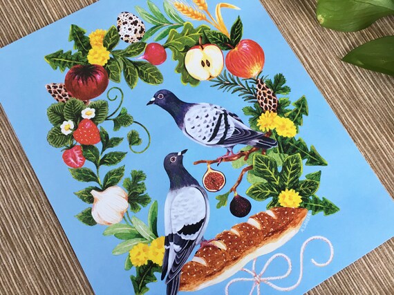 Kitchen Art Pigeons on Edible Wreath 8 x 10 Art Print