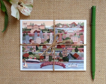 Juego de postales con el horizonte de la ciudad de Filadelfia, mapa vintage de Filadelfia, juego de 6 postales A2