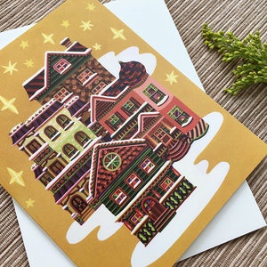 Tarjeta de Navidad de las damas pintadas, tarjeta de vacaciones de las casas viejas, tarjeta de la casa del pan de jengibre, tarjeta de vacaciones única