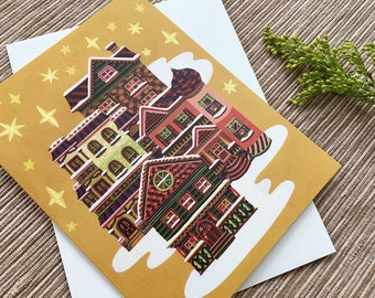 Painted Ladies Christmas Card, Old Houses Holiday Card, Gingerbread House Card, Single Holiday Card