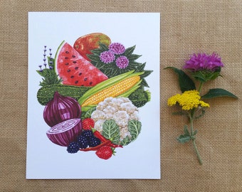 Impresión de la cosecha de frutas y verduras, impresión de frutas y verduras, arte del jardín, arte de la cocina, 8 x 10 impresión de arte