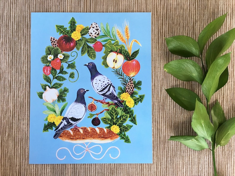 Kitchen Art Pigeons on Edible Wreath 8 x 10 Art Print