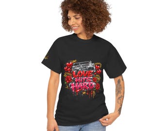 Love Hits Hard cassette tape T-Shirt | graffiti roses hearts street art
