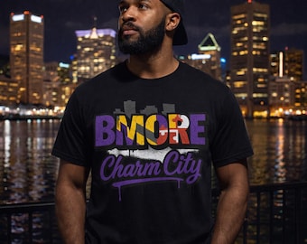 Bmore Charm City Tee | Baltimore skyline, purple gold orange design