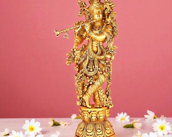 Estatua de flauta de Krishna de latón: decoración de la sala de Pooja del dios hindú
