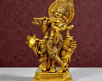 Ídolo de latón de Krishna Venugopala de 30 cm / Estatua de vaca flauta hecha a mano