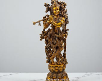 Estatua de flauta de Krishna de latón / Murti del dios hindú, decoración espiritual