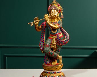 Ídolo de latón de 35” del Señor Krishna con flauta – Estatua grande de piedra sobre pedestal