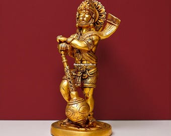 Handgemaakte messing Hanuman Ji staand met Gada | Bajrangbali-standbeeld