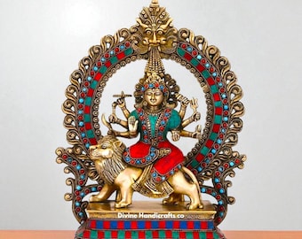Brass Durga Maa Idol: Sherawali Devi Stone Statue - Hindu Goddess Sculpture
