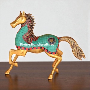 Brass Horse Statue with Stone Inlay | Indian Home Decor