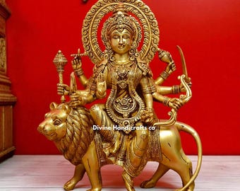 Brass Durga Maa Idol | Hindu Goddess on Lion, Home Temple Decor