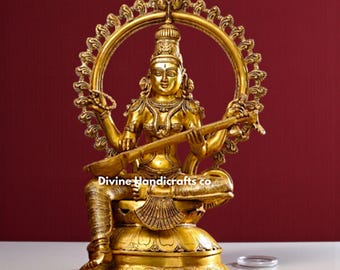 27" Brass Saraswati Idol – Veena Playing Goddess Statue