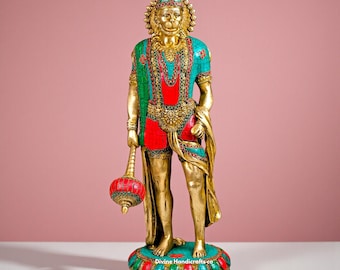 Brass Hanuman Statue with Stone Work | Hindu God Murti