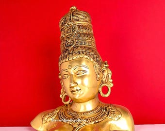 Busto de Parvati de latón / Escultura de diosa hindú, decoración del altar Shakti