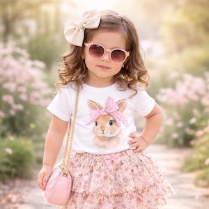 May include: A young girl wearing a white t-shirt with a bunny graphic and a pink bow, paired with a floral skirt and pink sunglasses. She is also wearing a large cream-colored bow in her hair and carrying a pink purse with a gold chain.