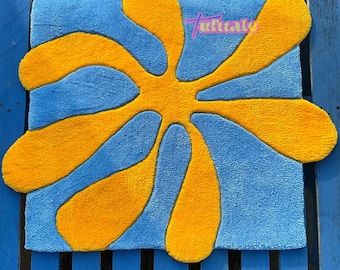 Ręcznie robiony dywan z pikowanym wzorem kwiatowym, abstrakcyjny błękit i żółć, nowoczesny wystrój domu