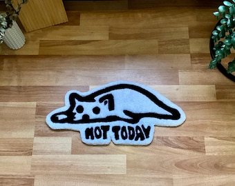 Dywan z pikowanym wzorem „Not Today”, ręcznie robiony, czarno-biały, zabawny dywanik, dekoracja do domu dla miłośników kotów