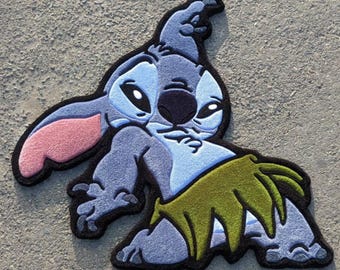 Uroczy niebieski dywanik z motywem kosmity – ręcznie robiony dywanik z motywem kreskówkowym Kawaii, estetyczny prezent do pokoju