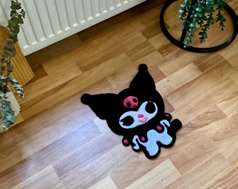 Dywan z pikowanym motywem gotyckich króliczków – ręcznie robiony, uroczy dywanik punkowy, fioletowa dekoracja pokoju w stylu kawaii, estetyczny prezent