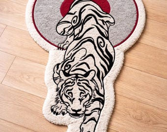 Dywan z pikowanym wzorem tygrysa | Dywan ręcznie robiony na zamówienie | Estetyczny dywan ze zwierzęcym wzorem | Duży, efektowny dywan | Czarno-biały dywanik podłogowy | Wyjątkowy pomysł na prezent