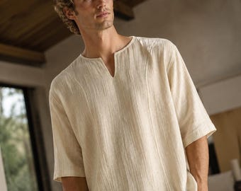 Chemise oversize en coton, t-shirt d'été bohème crème, chemise à col en V, haut en coton naturel léger, cadeau coupe ample pour lui