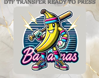 Lets Go Bananas DTF Transfer, Banana Baseball Ready to Press, Sport Team Funny Mascot, Funny Banana Playing Baseball, Gameday Heat Press
